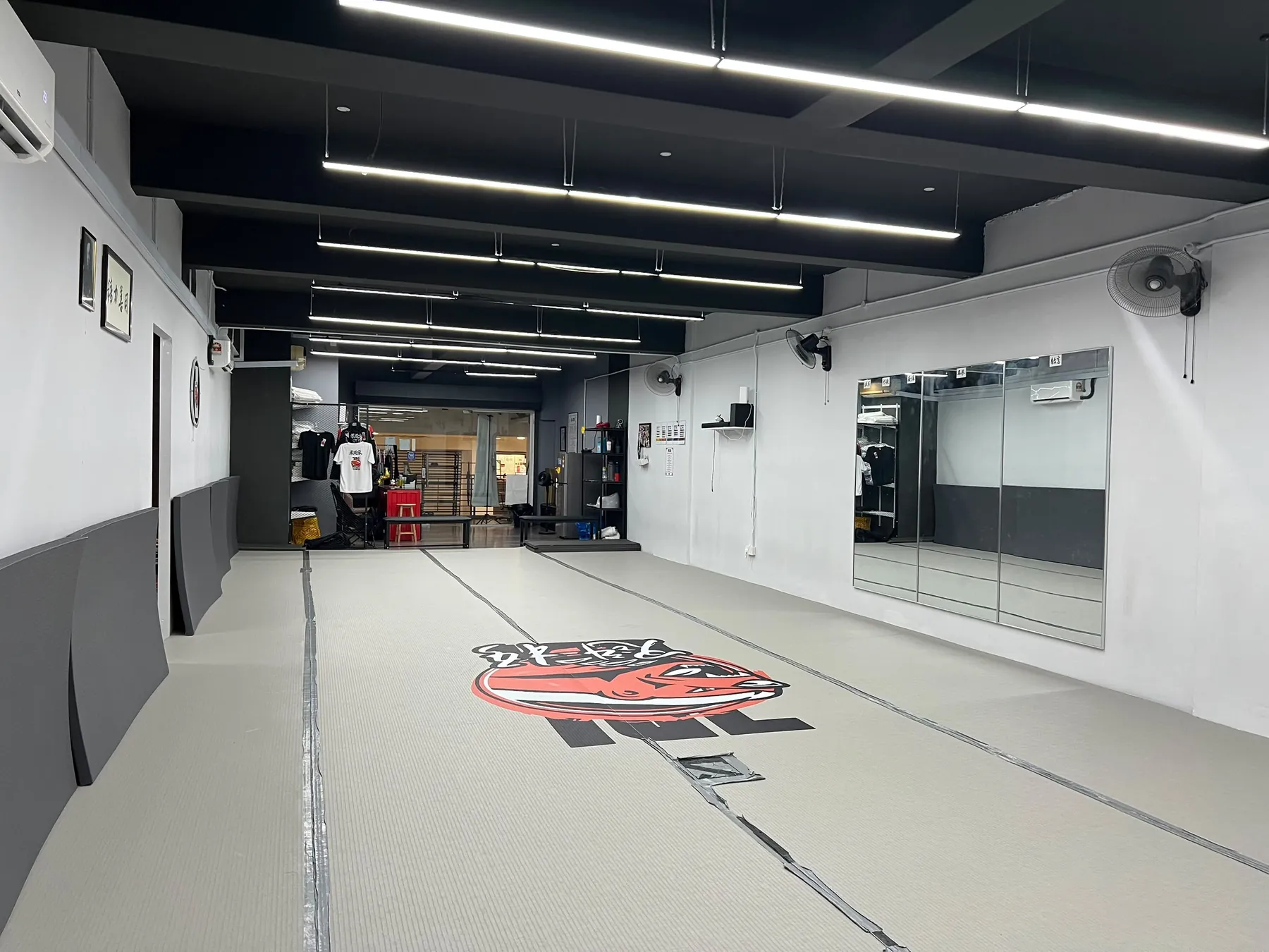 The JDI Judo dojo: a long grey tatami floor with the JDI badger logo, padded walls, mirrors and the team kit at the far end